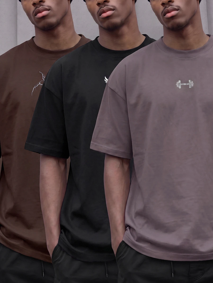 GymRaken 3pcs/Set Kaos Olahraga Pria Kasual Dasar Bermotif Leher Bulat Lengan Pendek, untuk Gym, Liburan - MultiWarna - View 1
