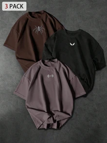 GymRaken 3pcs/Set Kaos Olahraga Pria Kasual Dasar Bermotif Leher Bulat Lengan Pendek, untuk Gym, Liburan - MultiWarna - View 2