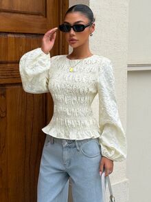 Siren Gaze Women's Fashion Jacquard Ruffle Hem Long Sleeve Blouse - Apricot - View 6