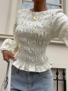 Siren Gaze Women's Fashion Jacquard Ruffle Hem Long Sleeve Blouse - Apricot - View 3