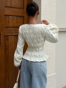 Siren Gaze Women's Fashion Jacquard Ruffle Hem Long Sleeve Blouse - Apricot - View 5