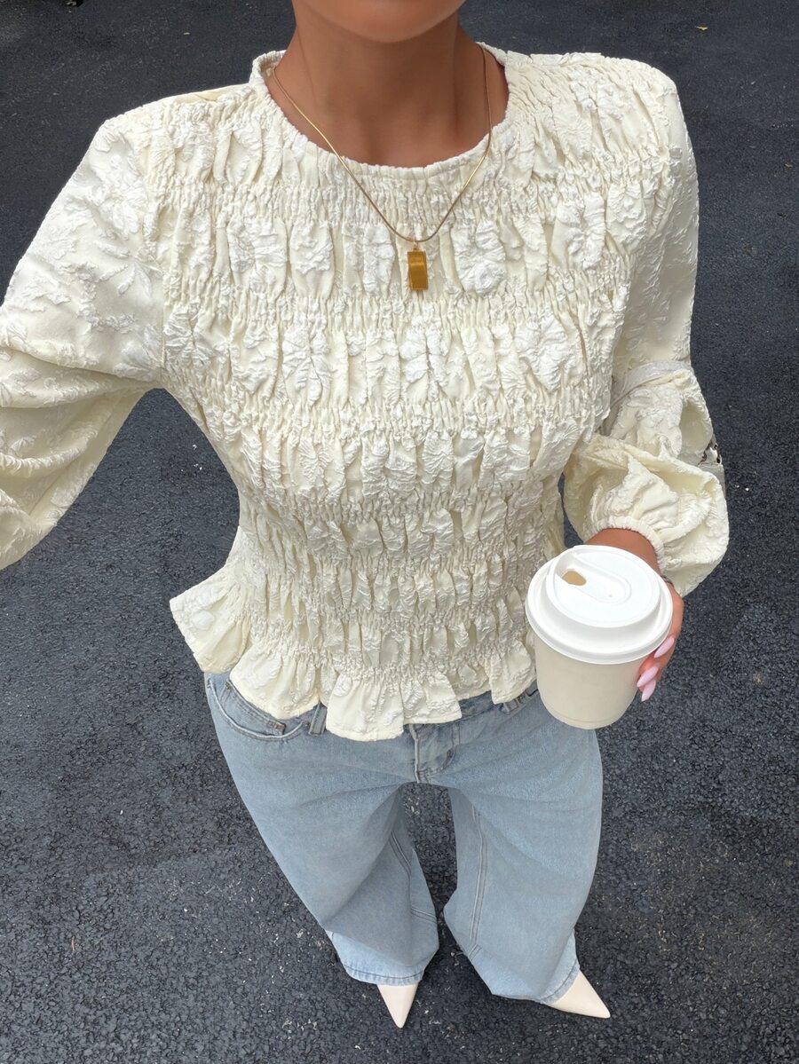 Siren Gaze Women's Fashion Jacquard Ruffle Hem Long Sleeve Blouse - Apricot - View 1