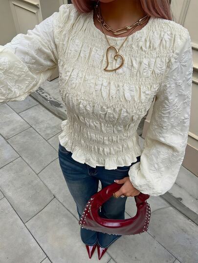 Siren Gaze Women's Fashion Jacquard Ruffle Hem Long Sleeve Blouse