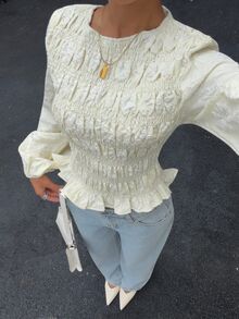 Siren Gaze Women's Fashion Jacquard Ruffle Hem Long Sleeve Blouse - Apricot - View 7