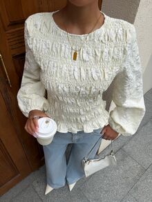Siren Gaze Women's Fashion Jacquard Ruffle Hem Long Sleeve Blouse - Apricot - View 4