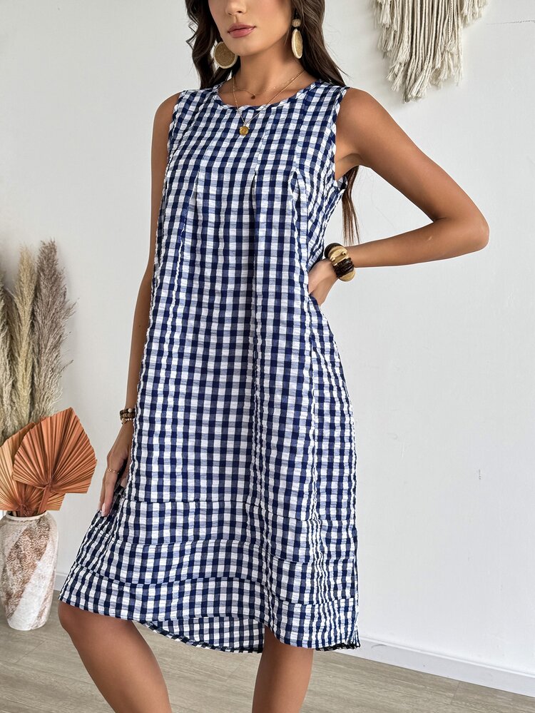 EMERY ROSE Vestido casual de cuadros sin mangas hasta la pantorrilla para vacaciones de mujer - Azul Marino - Añade 3