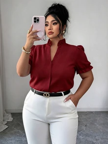 Elenzga Plus Size Premium Elegant Commuter Solid Color Turn-Down Collar Blouse Teachers' Day Office Formal Red Summer - Burgundy - View 3