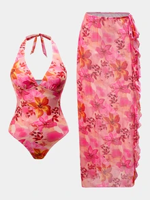 SHEIN Swim Women's Elegant 2-Piece Swimsuit Set With One-Piece Swimsuit And Flowy Wrap Skirt, Halter V-Neck Design, Suitable For Summer Beach Vacation, Pink Floral Pattern - Pink - View 9