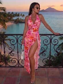 SHEIN Swim Women's Elegant 2-Piece Swimsuit Set With One-Piece Swimsuit And Flowy Wrap Skirt, Halter V-Neck Design, Suitable For Summer Beach Vacation, Pink Floral Pattern - Pink - View 13