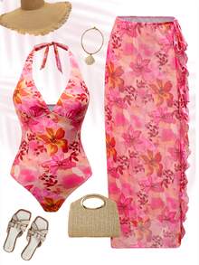SHEIN Swim Women's Elegant 2-Piece Swimsuit Set With One-Piece Swimsuit And Flowy Wrap Skirt, Halter V-Neck Design, Suitable For Summer Beach Vacation, Pink Floral Pattern - Pink - View 15