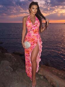SHEIN Swim Women's Elegant 2-Piece Swimsuit Set With One-Piece Swimsuit And Flowy Wrap Skirt, Halter V-Neck Design, Suitable For Summer Beach Vacation, Pink Floral Pattern - Pink - View 5