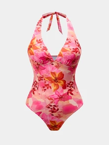 SHEIN Swim Women's Elegant 2-Piece Swimsuit Set With One-Piece Swimsuit And Flowy Wrap Skirt, Halter V-Neck Design, Suitable For Summer Beach Vacation, Pink Floral Pattern - Pink - View 12