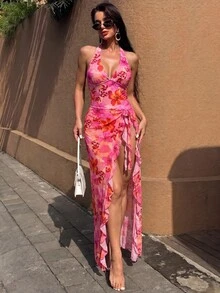 SHEIN Swim Women's Elegant 2-Piece Swimsuit Set With One-Piece Swimsuit And Flowy Wrap Skirt, Halter V-Neck Design, Suitable For Summer Beach Vacation, Pink Floral Pattern - Pink - View 14