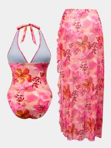 SHEIN Swim Women's Elegant 2-Piece Swimsuit Set With One-Piece Swimsuit And Flowy Wrap Skirt, Halter V-Neck Design, Suitable For Summer Beach Vacation, Pink Floral Pattern - Pink - View 3