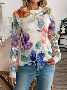 EMERY ROSE New Autumn Casual Loose Hollow Out Mesh Layered Fashionable Knit Blouse For Women Fall Sweater - Apricot - View 4
