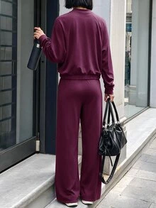 Struktiv 女款春夏/秋冬兩件套，半拉鍊領長袖上衣配雙口袋，高腰垂墜寬腿褲，休閒舒適通勤與運動穿搭 - 紫紅色 - 查看 2