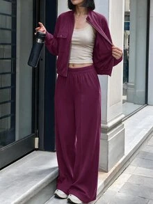 Struktiv 女款春夏/秋冬兩件套，半拉鍊領長袖上衣配雙口袋，高腰垂墜寬腿褲，休閒舒適通勤與運動穿搭 - 紫紅色 - 查看 4