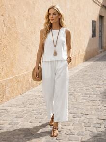 EMERY ROSE 2pcs Women All White Summer Boho Plain Casual Vacation Holiday Outfits Solid Color Sleeveless Top And Pants Set Cotton Matching Sets Clothes Brunch - White - View 3