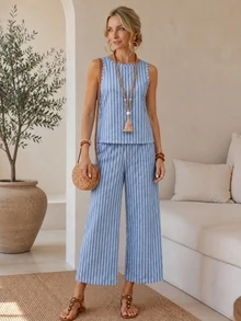 EMERY ROSE Women's Blue And White Stripe And Striped Print Sleeveless Top And Pants 2 Pieces Set Beach Vacation Summer Coastal Chic Modest Casual - Multicolor - View 2