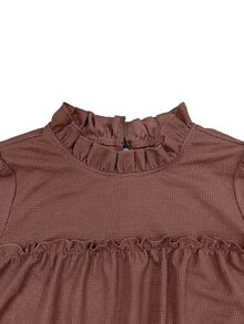 LanaWest CURVE Plus Size Textured Long Sleeve Top, Frill Trim Stand Collar Design, Loose A-Line Flattering Blouse - Brown - View 8