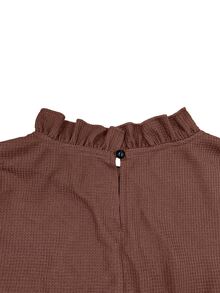 LanaWest CURVE Plus Size Textured Long Sleeve Top, Frill Trim Stand Collar Design, Loose A-Line Flattering Blouse - Brown - View 7