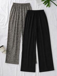 SHEIN Cotton Plus Women Leopard Print Black Solid Multipack Set Multicolor Comfy Pants 2 Pcs Set Night Lounge Pink - Multicolor - View 2