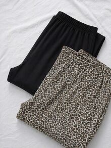 SHEIN Cotton Plus Women Leopard Print Black Solid Multipack Set Multicolor Comfy Pants 2 Pcs Set Night Lounge Pink - Multicolor - View 6