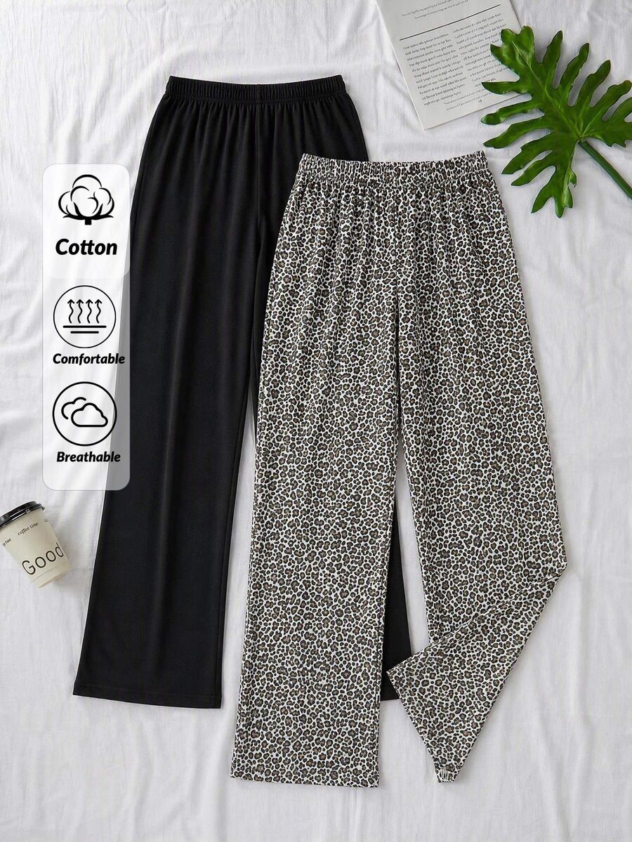 SHEIN Cotton Plus Women Leopard Print Black Solid Multipack Set Multicolor Comfy Pants 2 Pcs Set Night Lounge Pink - Multicolor - View 1