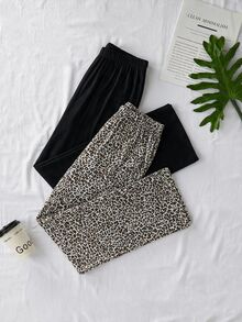 SHEIN Cotton Plus Women Leopard Print Black Solid Multipack Set Multicolor Comfy Pants 2 Pcs Set Night Lounge Pink - Multicolor - View 3