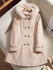 SHEIN 女童大童純色雙排扣毛飾連帽大衣，附口袋，冬季外套，適合秋冬 - 杏色 - 查看 2