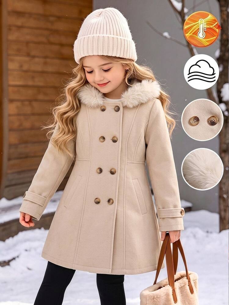 SHEIN Tween Girl Tween Girls Solid Color Double-Breasted Fur Decor Hooded Overcoat With Pockets, Winter Coat Winter Fall - Apricot - View 11