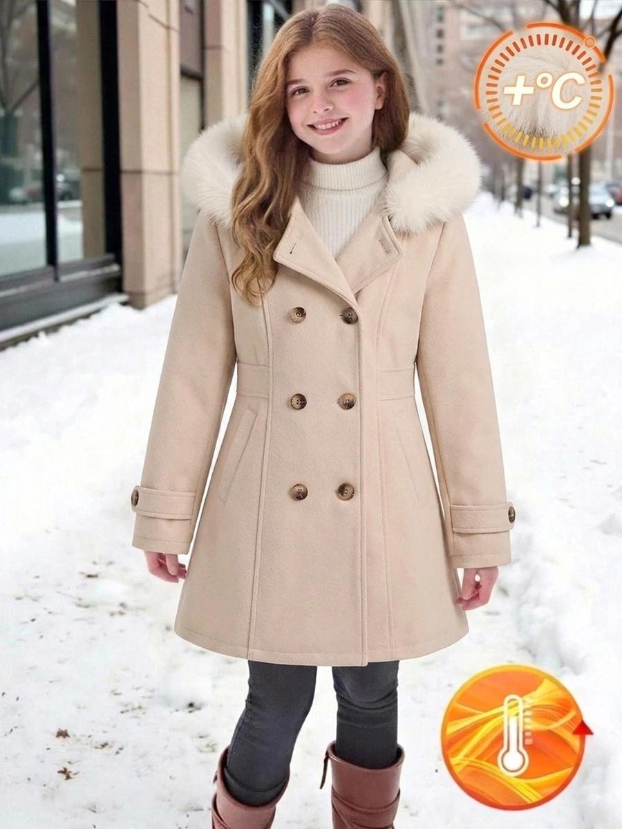SHEIN Tween Girl Tween Girls Solid Color Double-Breasted Fur Decor Hooded Overcoat With Pockets, Winter Coat Winter Fall - Apricot - View 1