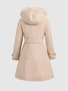 SHEIN 女童大童純色雙排扣毛飾連帽大衣，附口袋，冬季外套，適合秋冬 - 杏色 - 查看 3