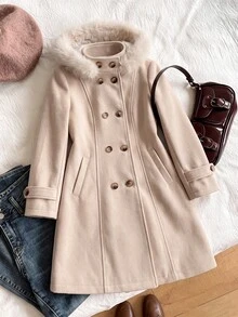 SHEIN 女童大童純色雙排扣毛飾連帽大衣，附口袋，冬季外套，適合秋冬 - 杏色 - 查看 9