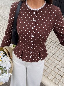 Serisse 女款優雅棕色波點印花蕾絲飾邊荷葉邊鈕扣襯衫，長袖復古2000年代風格，鄉村風秋季休閒商務襯衫 - 彩色 - 查看 5