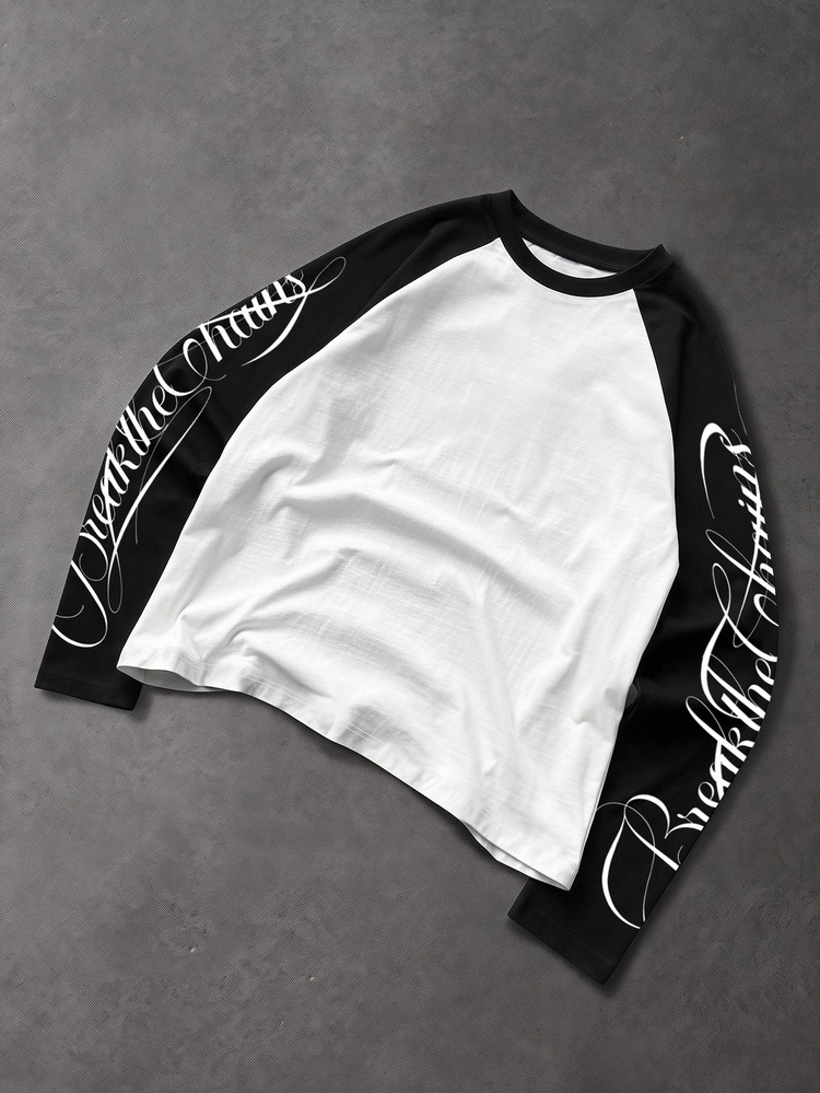 SHEIN Kids Tween Boys Patchwork Contrast Color T-Shirt Handwritten English Long Sleeve Casual College Comfortable Fashion Minimalist Practical Versatile Soft Fabric Suitable For Daily Wear School Travel Outdoor Sports All Seasons - Black and White - View 2