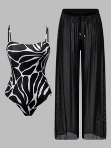 Bonvoyette Women's Spring/Summer Black & White Contrast Water Ripple Print One-Shoulder One-Piece Swimsuit With Flowy Chiffon Long Pants - Black and White - View 5