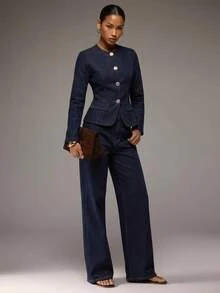 SHEIN BAE Women's Tailored Denim Blazer And Pants Set With Button Front And Flap Pockets, Elegant Casual Office Commute Fall - Dark Wash - View 9