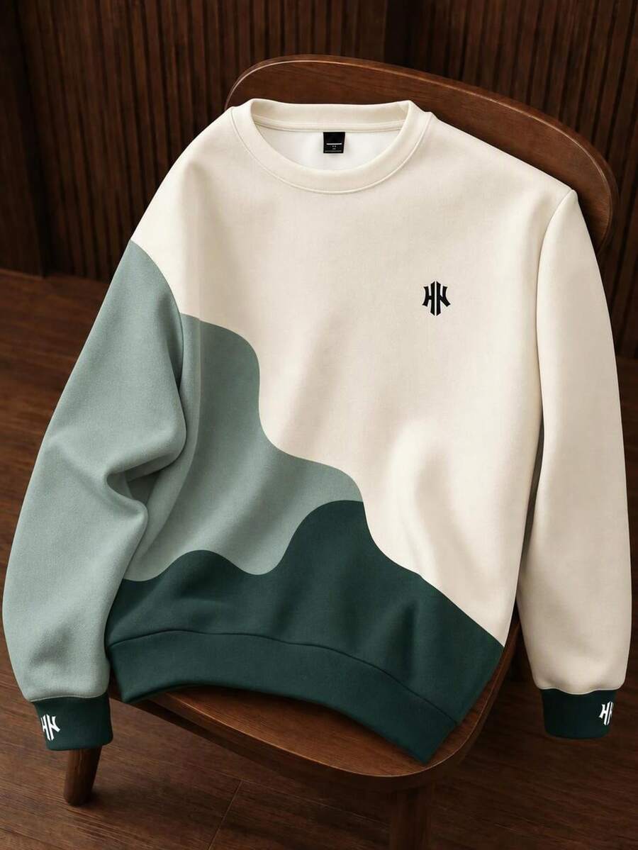 OldRiff Men's Casual Color Block Pattern Pullover Sweatshirt - Green - View 1
