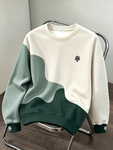 OldRiff 男士休閒拼色圖案套頭運動衫 - 綠色 - 查看 1