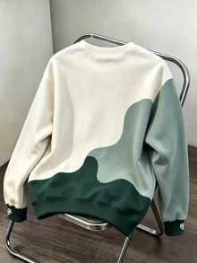OldRiff 男士休閒拼色圖案套頭運動衫 - 綠色 - 查看 2