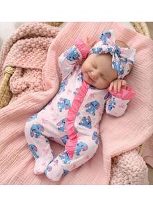 SHEIN Newborn Baby Boy Cute Knitted Casual Cartoon Bear Pattern Romper & Headband Set - Baby Pink - View 9
