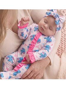 SHEIN Newborn Baby Boy Cute Knitted Casual Cartoon Bear Pattern Romper & Headband Set - Baby Pink - View 1