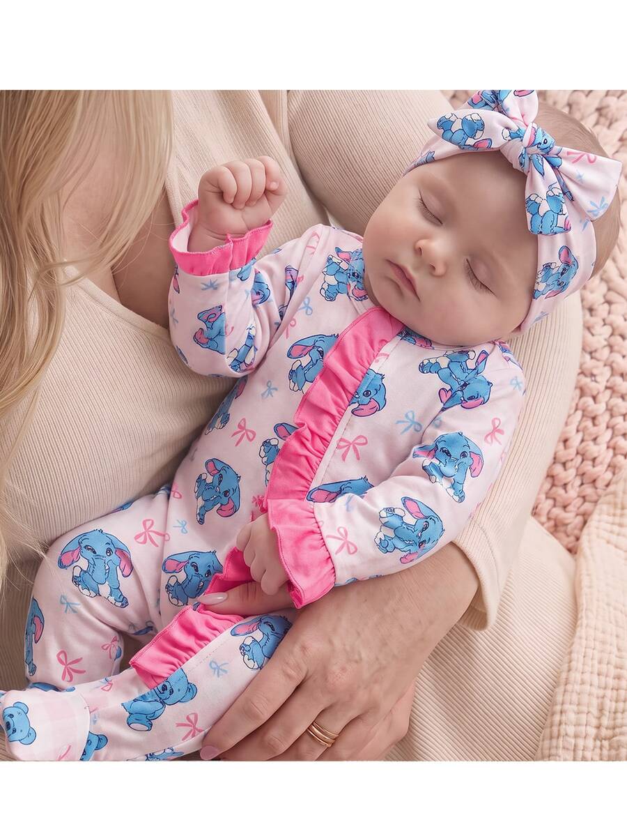 SHEIN Newborn Baby Boy Cute Knitted Casual Cartoon Bear Pattern Romper & Headband Set - Baby Pink - View 1