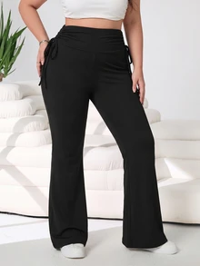 Solflare Plus Size Women Solid Color Casual Versatile Daily Wear Flare Pants - Black - View 5