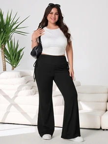 Solflare Plus Size Women Solid Color Casual Versatile Daily Wear Flare Pants - Black - View 7