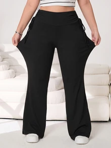 Solflare Plus Size Women Solid Color Casual Versatile Daily Wear Flare Pants - Black - View 6