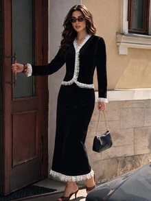 SHEIN PariChic Fall/Winter Elegant Women's Sets,Velvet Jacket&Black Skirt Lace Sets,Formal Business,Party Wedding,Brithday,Halloween,Festival,Going Out,Graduation - Black - View 4