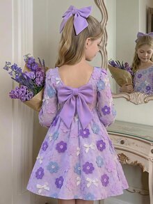 SHEIN Tween Girl Floral Print Square Neck Long Sleeve Bow Decor Dress - Purple - View 1