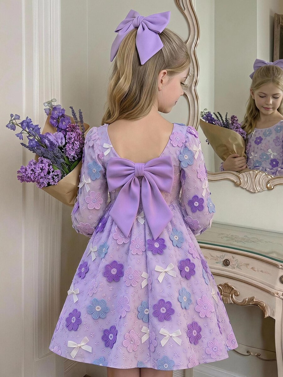 SHEIN Tween Girl Floral Print Square Neck Long Sleeve Bow Decor Dress - Purple - View 1